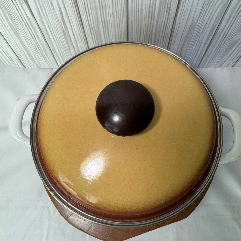 Vintage 70's Harvest Blossom Porcelain Enamel Cookware Stock Pot RETRO‎